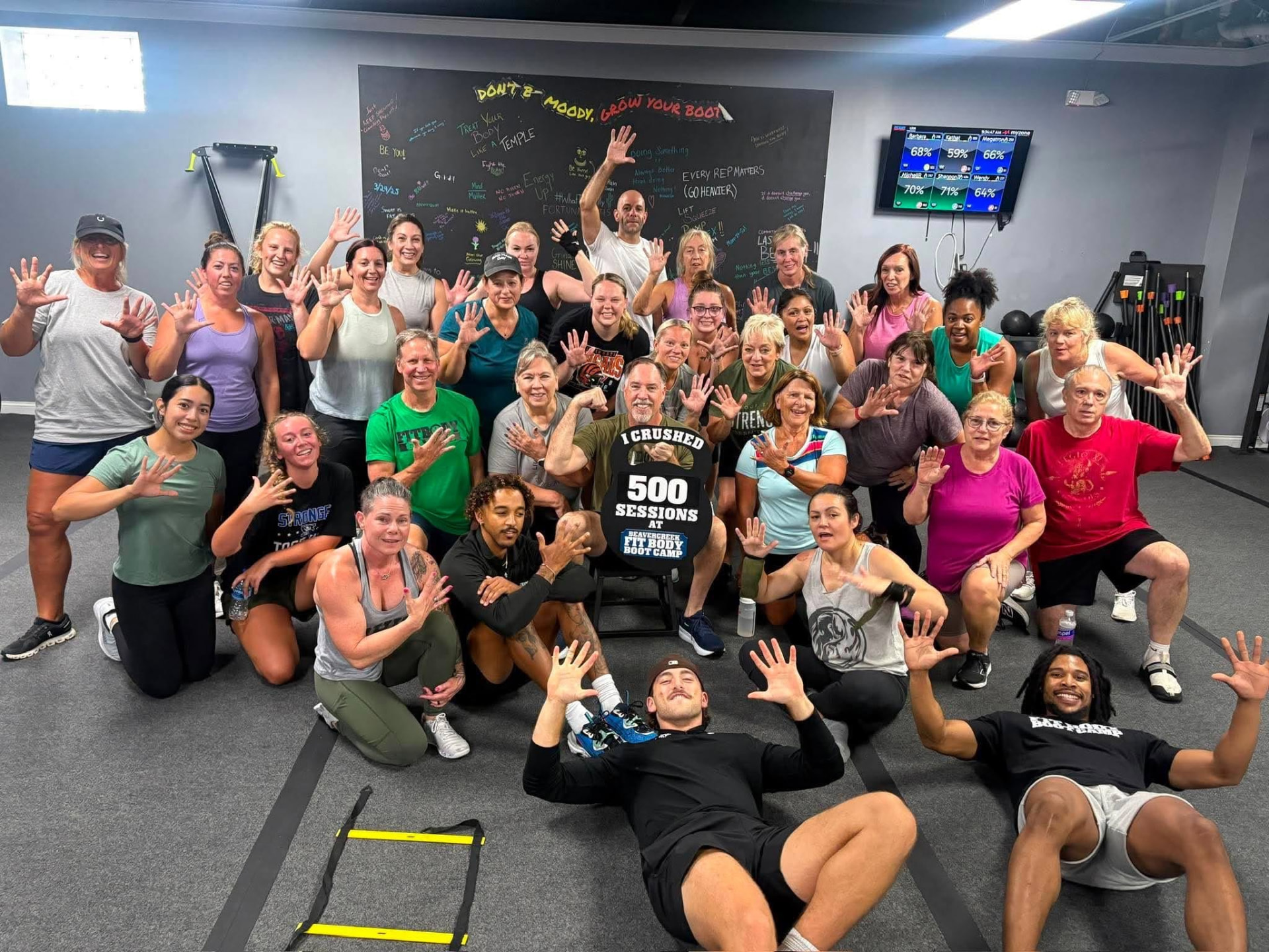 Fit Body Boot Camp members and coaches celebrating together after a workout